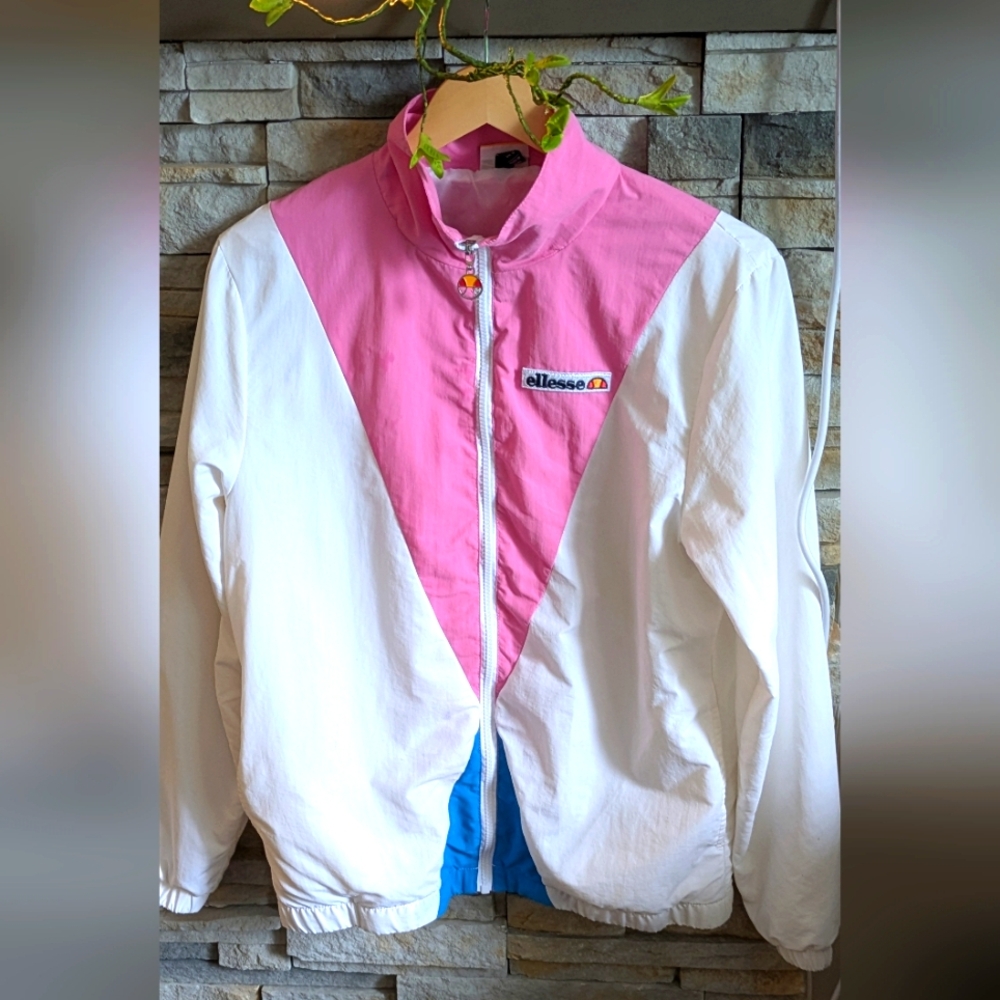 Ellesse Vintage White Pink Blue Color-Block Bomber Jacket